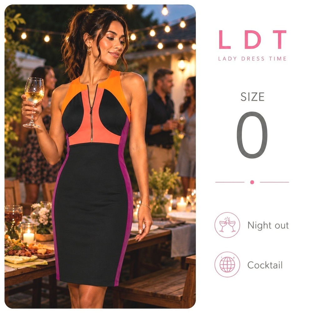 LDT  Blaine Colorblock Scuba Sheath Dress Womens 0 Black‎ Multi Zip Knit Mod